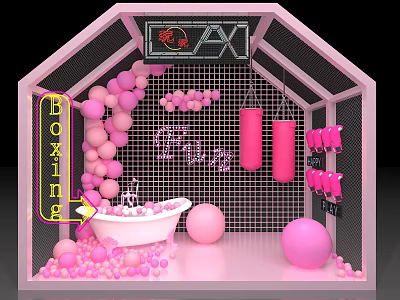 Pink Themed Commercial Equipment Display With Boxing Punching Bags Bathtub And Balloon Decorations 3d model
