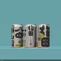 Three White Canned Beverages With Black Asian Style Text On Light Blue Background