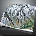 3D Terrain Model of Snowy Mountain Range With Glaciers and Green Valleys