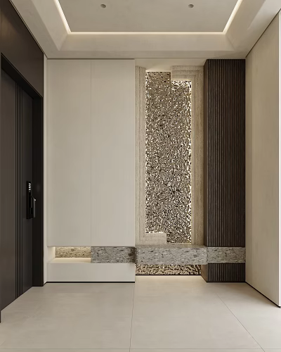 Modern Foyer Hallway With Vertical Textured Stone Wall And Cabinet 3d model