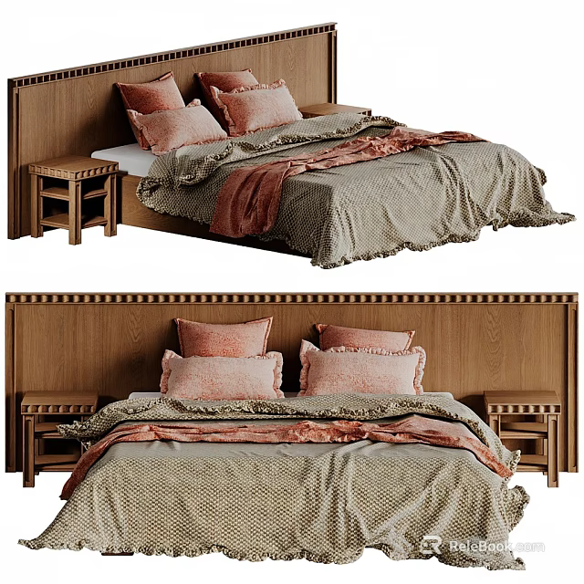 Double Bed With Wooden Headboard Pink Pillows Textured Bedspread And Bedside Tables 3d model 