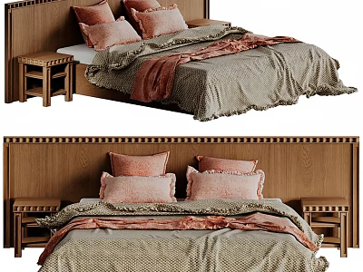 Double Bed With Wooden Headboard Pink Pillows Textured Bedspread And Bedside Tables 3d model