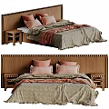Double Bed With Wooden Headboard Pink Pillows Textured Bedspread And Bedside Tables
