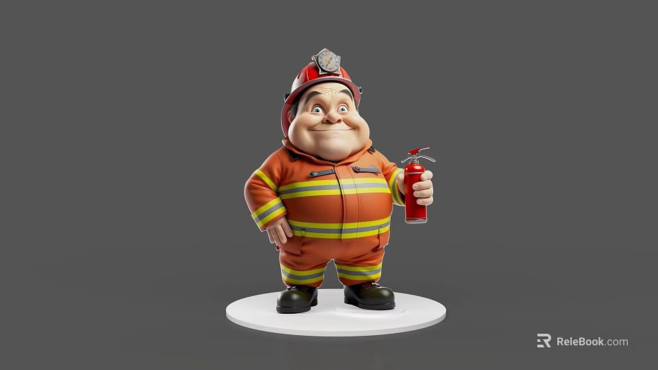 Cartoon Firefighter Character In Uniform Holding Red Fire Extinguisher 3d model 