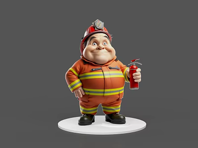 Cartoon Firefighter Character In Uniform Holding Red Fire Extinguisher 3d model
