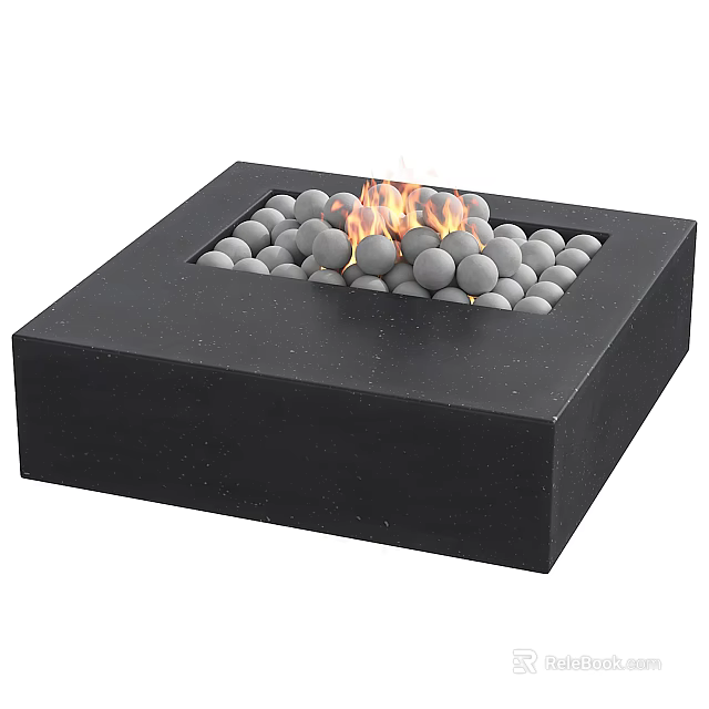 Black Square Fireplace Design With Gray Pebbles And Burning Flames 3d model