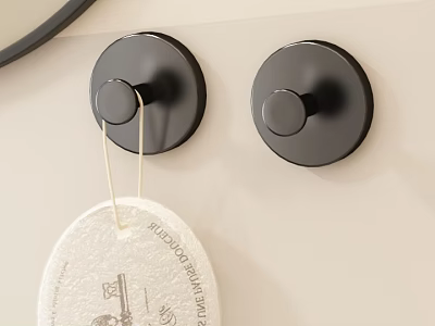 Black Circular Wall Hooks On Light Colored Wall With Hanging Tag Item 3d model