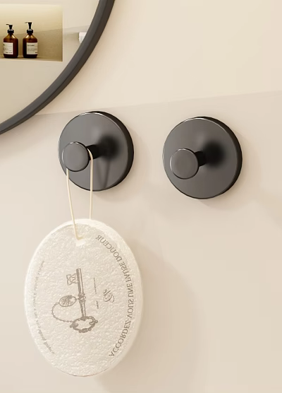 Black Circular Wall Hooks On Light Colored Wall With Hanging Tag Item 3d model