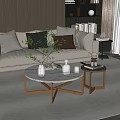 Round Marble Top Coffee Table with Gold Frame and Decorative Items in Modern Living Room