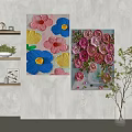 Colorful Floral Textured Paintings As Living Room Wall Decor With Bookshelf And Green Plants