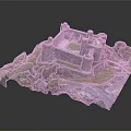 Detailed Castle Architecture Model With Green Trees Grass Road And Parked Cars
