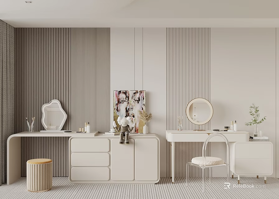 Modern Dressing Table Setup With Striped Walls Collage Art Round Mirror Drawers And Decorative Items 3d model 