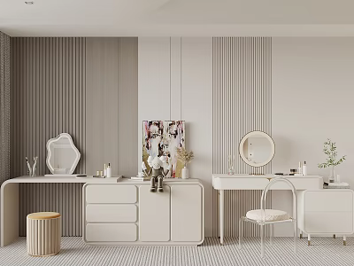 Modern Dressing Table Setup With Striped Walls Collage Art Round Mirror Drawers And Decorative Items 3d model