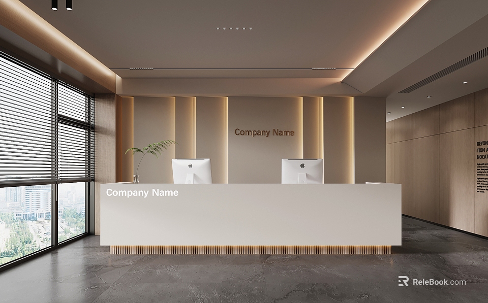 Modern Office Reception Interior Design With White Desk Company Name Sign Plant And Lighting 3d model 
