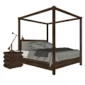 Modern Four Poster Double Bed With Wooden Frame And Nightstand Table Lamps