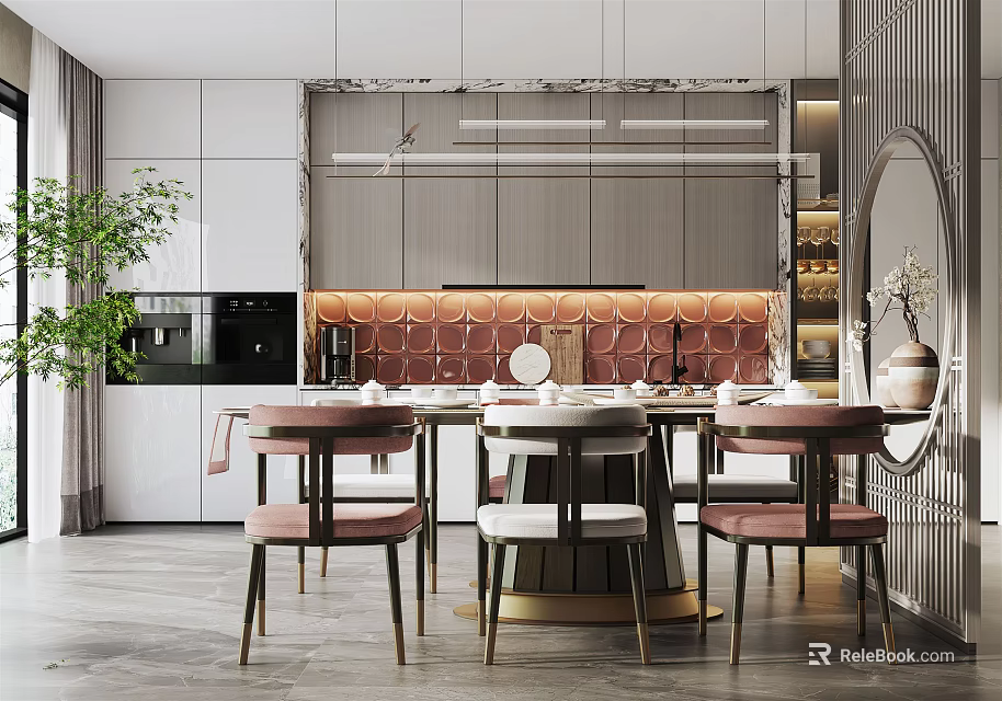 Modern Restaurant Interior With Dining Table Chairs Green Plant And Marble Backsplash 3d model