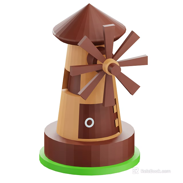 Small Decorative Wooden Windmill Model With Brown Blades And Green Base 3d model 