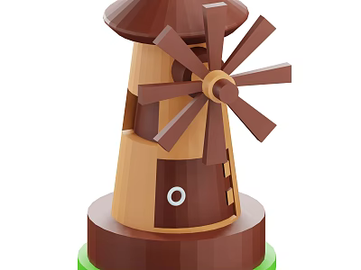 Small Decorative Wooden Windmill Model With Brown Blades And Green Base 3d model
