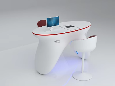Modern White Reception Desk With Red Trim Curved Design Computer And Accent Chairs 3d model
