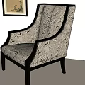 Elegant Traditional Accent Chair With Patterned Fabric Upholstery Dark Wood Frame And Decorative Wall Art