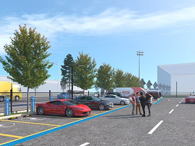 Parking Lot Road Facilities with Marked Lines Vehicles Pedestrians Trees Street Lights and Clear Sky 3d model