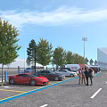 Parking Lot Road Facilities with Marked Lines Vehicles Pedestrians Trees Street Lights and Clear Sky