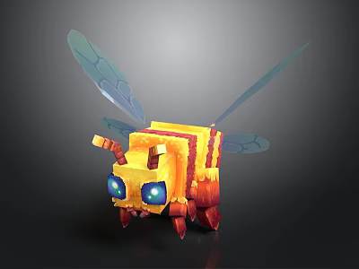 Colorful Blocky Bee Animated Character With Big Blue Eyes And Transparent Wings 3d model