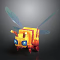Colorful Blocky Bee Animated Character With Big Blue Eyes And Transparent Wings