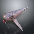 3D Character Design of Metallic Fish Creature With Slender Body And Large Eyes