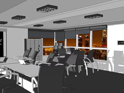 Modern Public Office Space With Desks Chairs And City Night View Windows 3d model