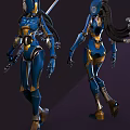 Two Blue Robot Characters With Long Black Braids And Swords In Mechanical Design