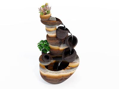 Multi tiered Garden Ornament With Flowing Water Succulents And Green Plants 3d model