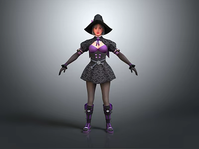 Witch Character In Purple Lace Dress With Black Hat Gloves And Purple Boots 3d model