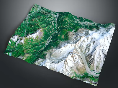 Detailed 3D Mountainous Terrain Model With Snowy Peaks And Green Vegetation Valleys 3d model