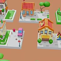 Miniature Cartoon Style Small Houses with Various Colored Roofs Green Trees Cars and Benches