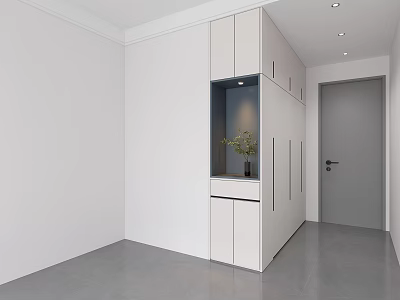 Modern White Minimalist Wardrobe Interior Design With Open Compartment Green Plant And Grey Floor 3d model