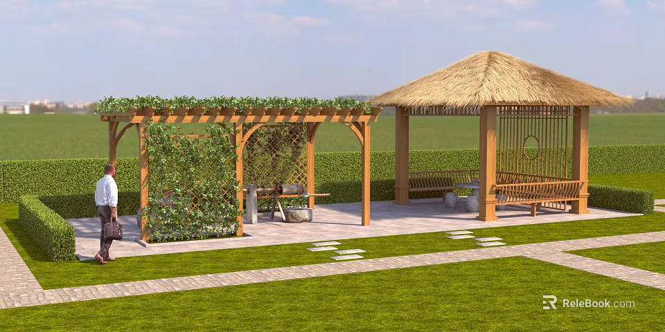 Outdoor Garden Area With Wooden Pergola Thatched Pavilion Lawn Stone Path And Climbing Plants 3d model 