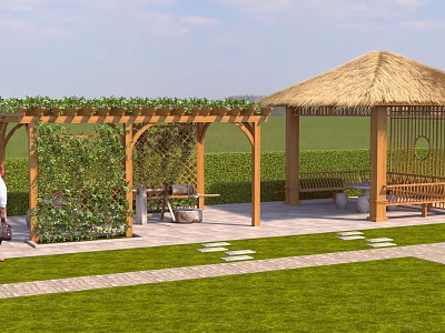 Outdoor Garden Area With Wooden Pergola Thatched Pavilion Lawn Stone Path And Climbing Plants 3d model