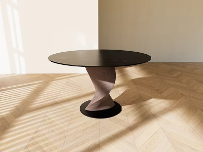 Modern Round Black Dining Table With Unique Twisted Base On Light Wooden Floor And Shadows 3d model