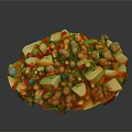 Spicy Red Sauce Dish With Tofu Cubes Meat Chunks And Fresh Vegetable Dices