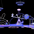 Futuristic Exhibition Installation With Hanging Rings Neon Lights Rabbit Shape And Globe 3d model