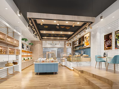 Modern Dessert Shop With Blue Display Counter Pastry Shelves And Cozy Seating Area 3d model