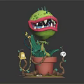 Green Carnivorous Plant with Sharp Teeth Mouth in Terracotta Pot and Snake Skull Decor