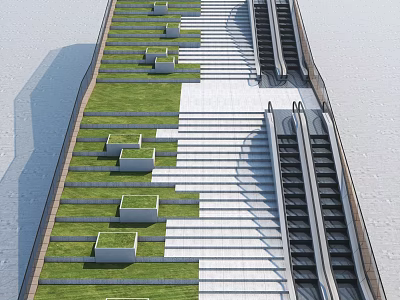 Outdoor Staircase Landscape Design Featuring Green Grass Square Planters And Escalators 3d model