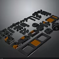 Black And Orange Industrial Equipment Components With Connectors Tracks And Circular Parts On Gray Platform