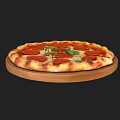 Delicious Pepperoni Pizza Topped With Fresh Basil Leaves And Melted Cheese On Wooden Plate