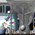 Kids Playground With Net Structure Green Slide Ball Pit Orange White Balls And Cartoon Background