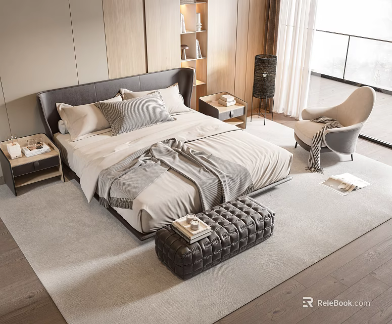 Modern Double Bed With Black Headboard Gray Pillows And Leather Ottoman 3d model 