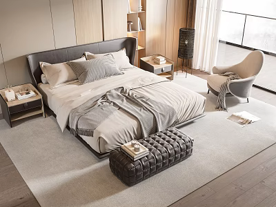 Modern Double Bed With Black Headboard Gray Pillows And Leather Ottoman 3d model
