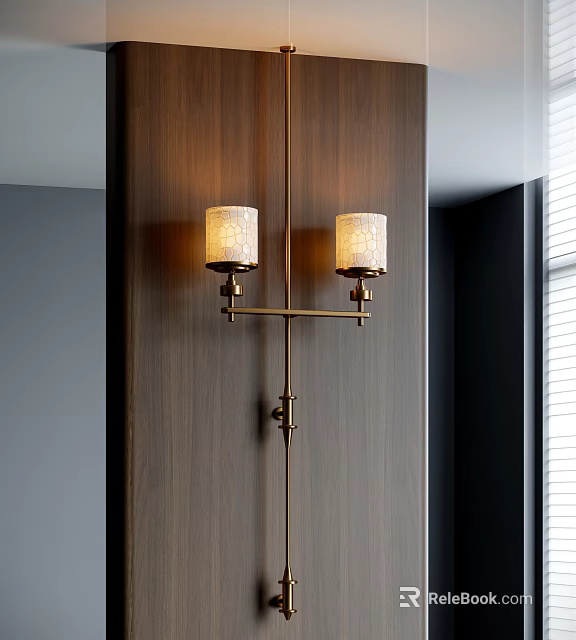 Elegant Brass Wall Sconce With Two Cream Textured Shades Mounted On Wooden Panel 3d model 